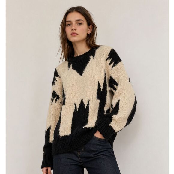Angel Sweaters - Angel Hand Knit Abstract Sweater Cream Black Small Poet Core Dark Academia Indie